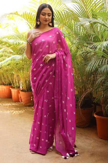 Teejh Reiya Magenta Embroidered Mulmul Cotton Saree