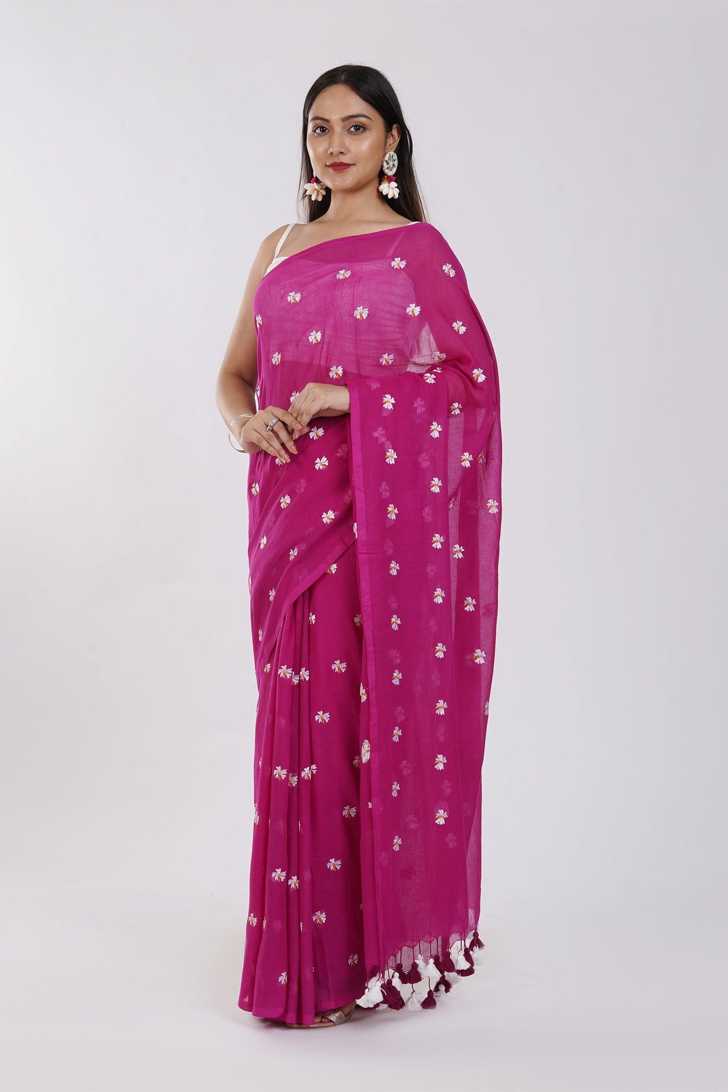 Teejh Reiya Magenta Embroidered Mulmul Cotton Saree