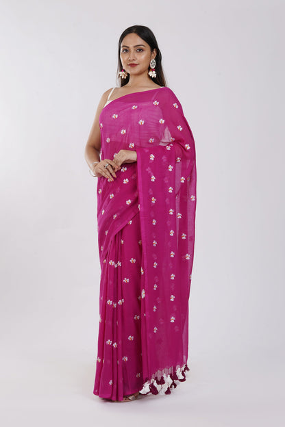 Teejh Reiya Magenta Embroidered Mulmul Cotton Saree