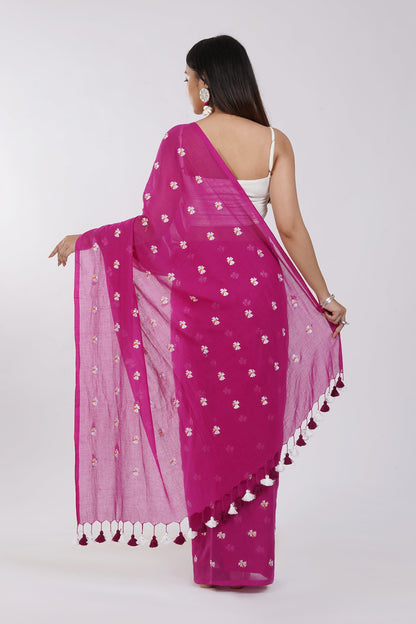 Teejh Reiya Magenta Embroidered Mulmul Cotton Saree