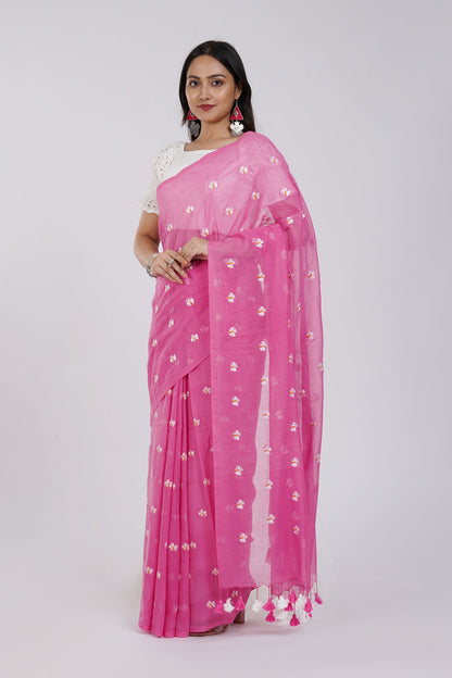 Teejh Reiya Pink Embroidered Mulmul Cotton Saree