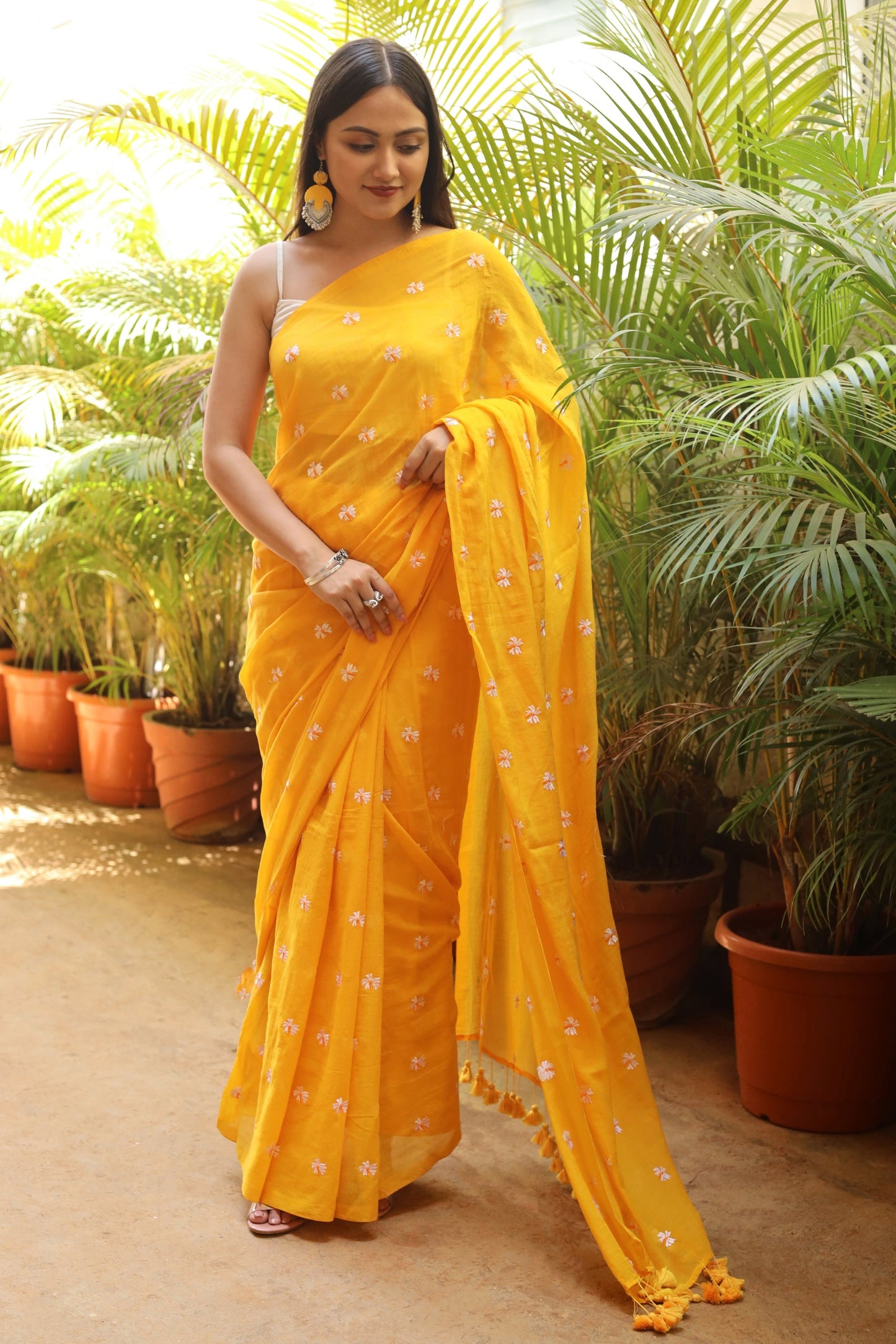 Teejh Reiya Mustard Yellow Embroidered Mulmul Cotton Saree