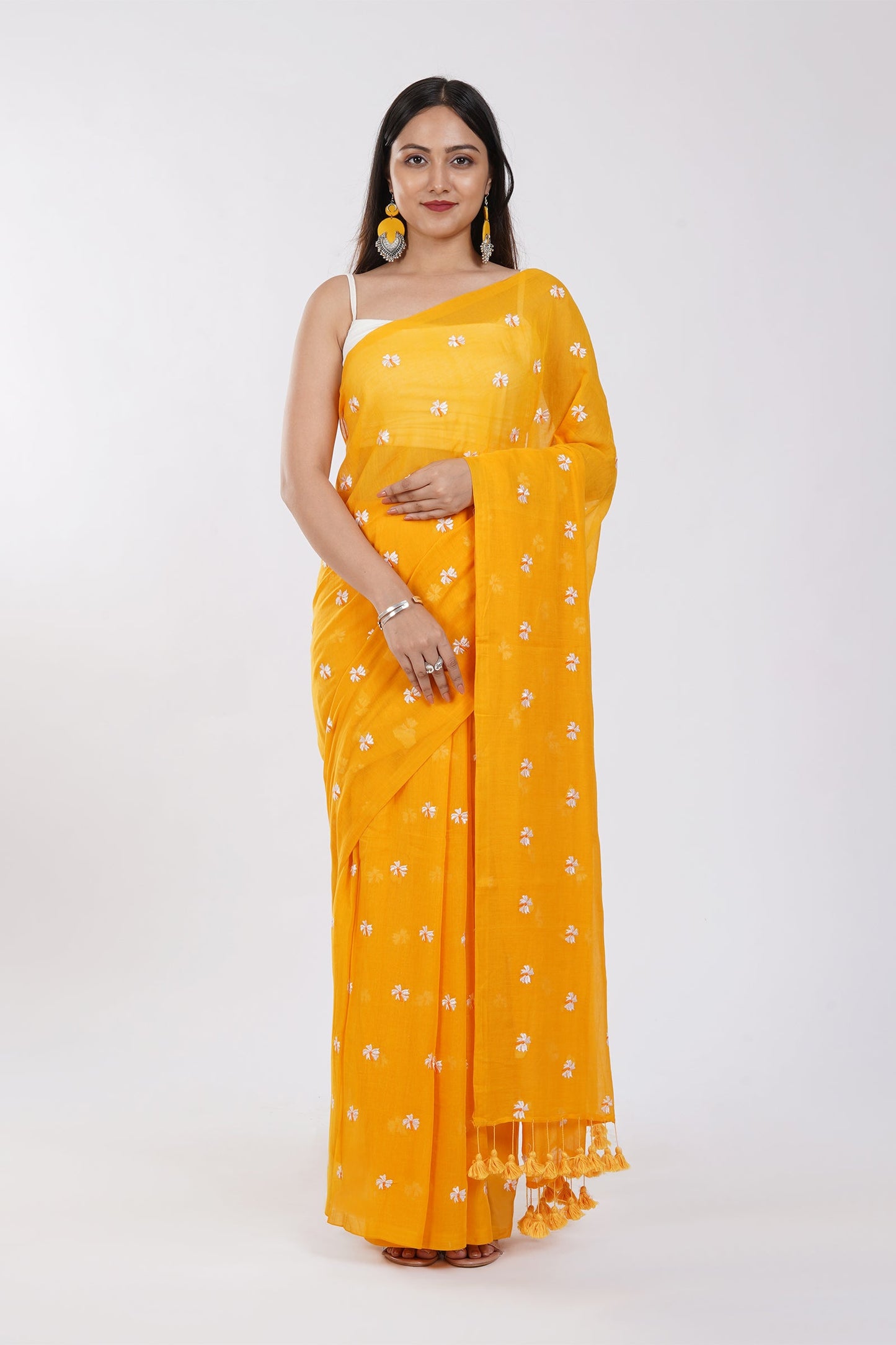 Teejh Reiya Mustard Yellow Embroidered Mulmul Cotton Saree