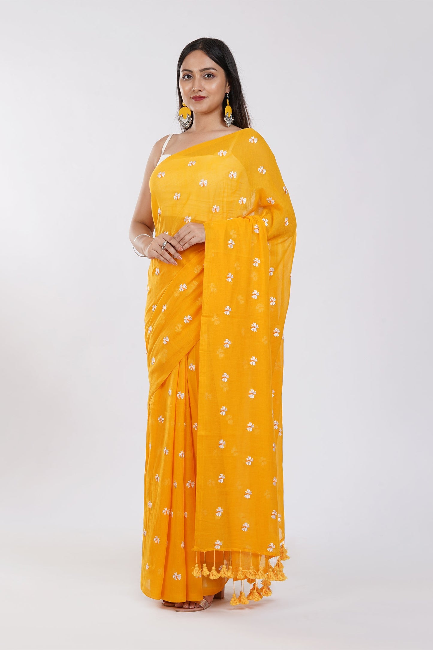 Teejh Reiya Mustard Yellow Embroidered Mulmul Cotton Saree