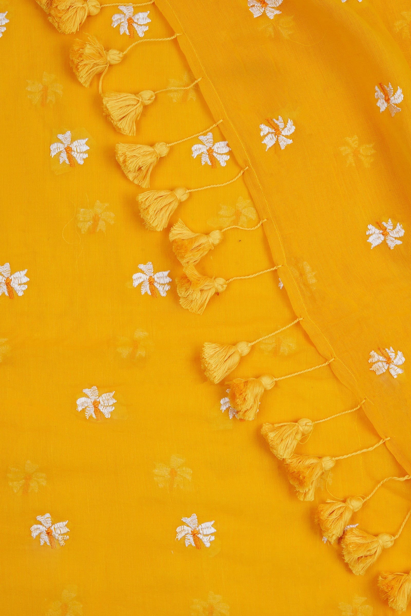 Teejh Reiya Mustard Yellow Embroidered Mulmul Cotton Saree