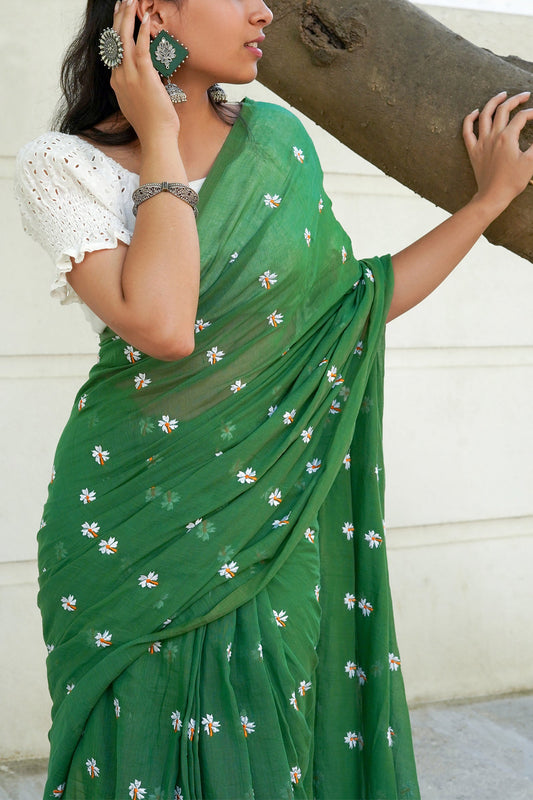 Teejh Reiya Green Embroidered Mulmul Cotton Saree