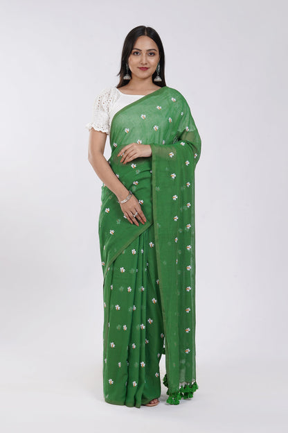 Teejh Reiya Green Embroidered Mulmul Cotton Saree