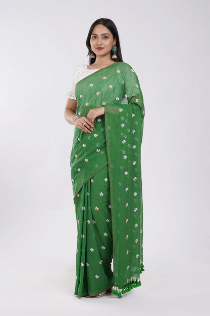 Teejh Reiya Green Embroidered Mulmul Cotton Saree