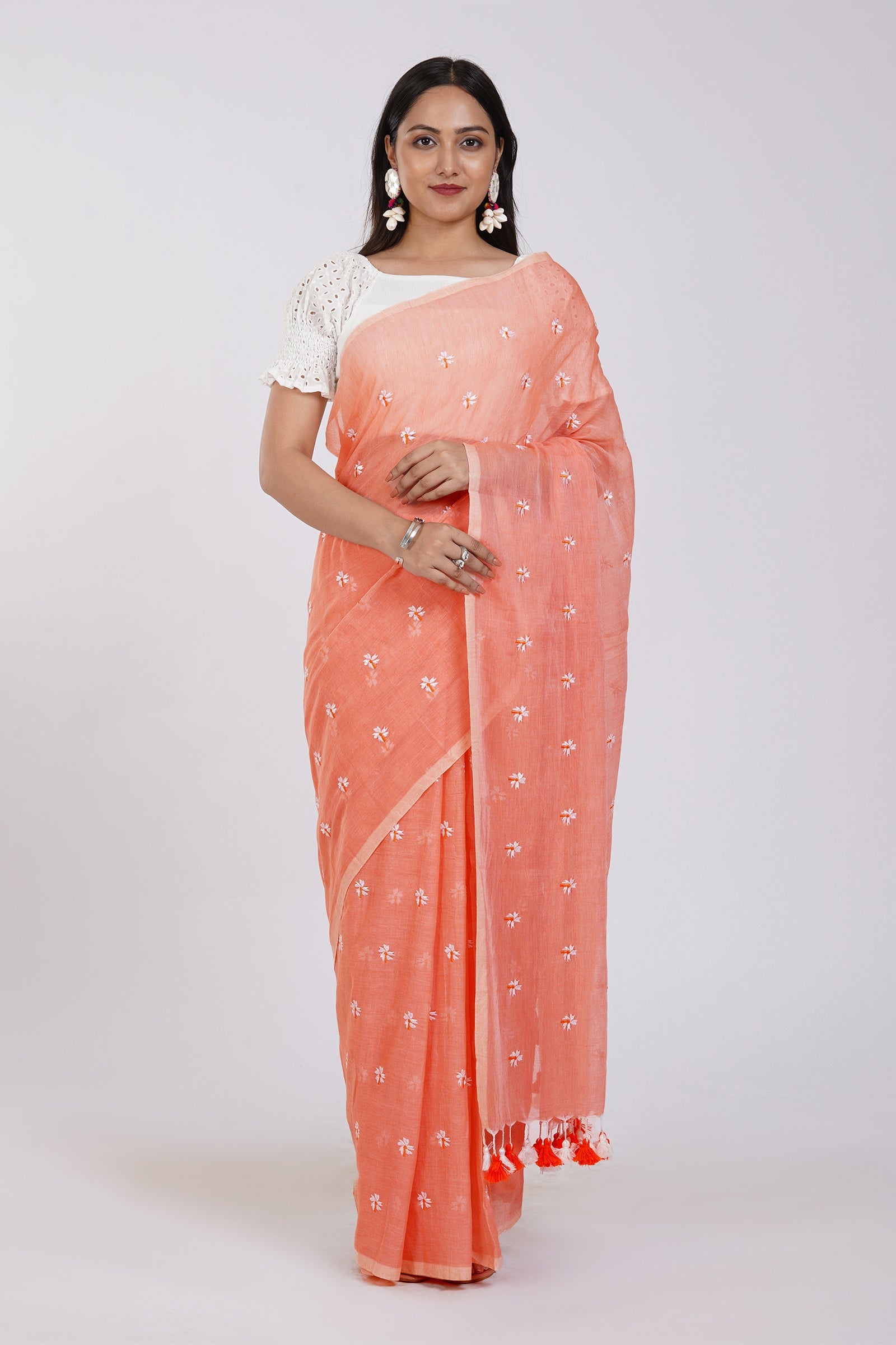 Teejh Reiya Peach Embroidered Mulmul Cotton Saree