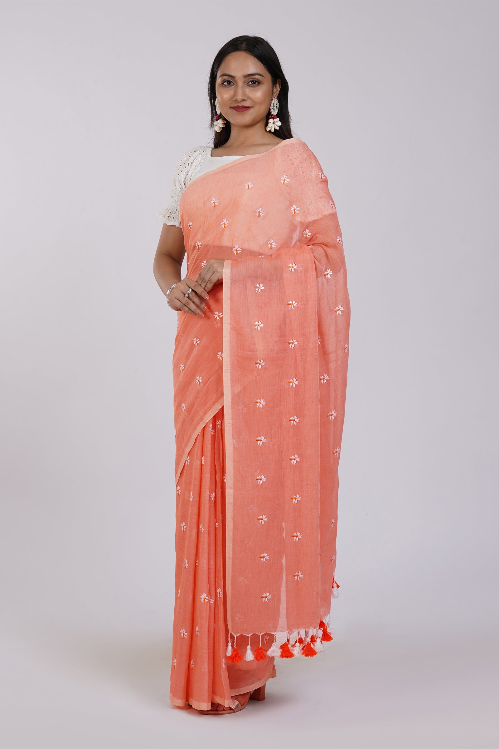 Teejh Reiya Peach Embroidered Mulmul Cotton Saree