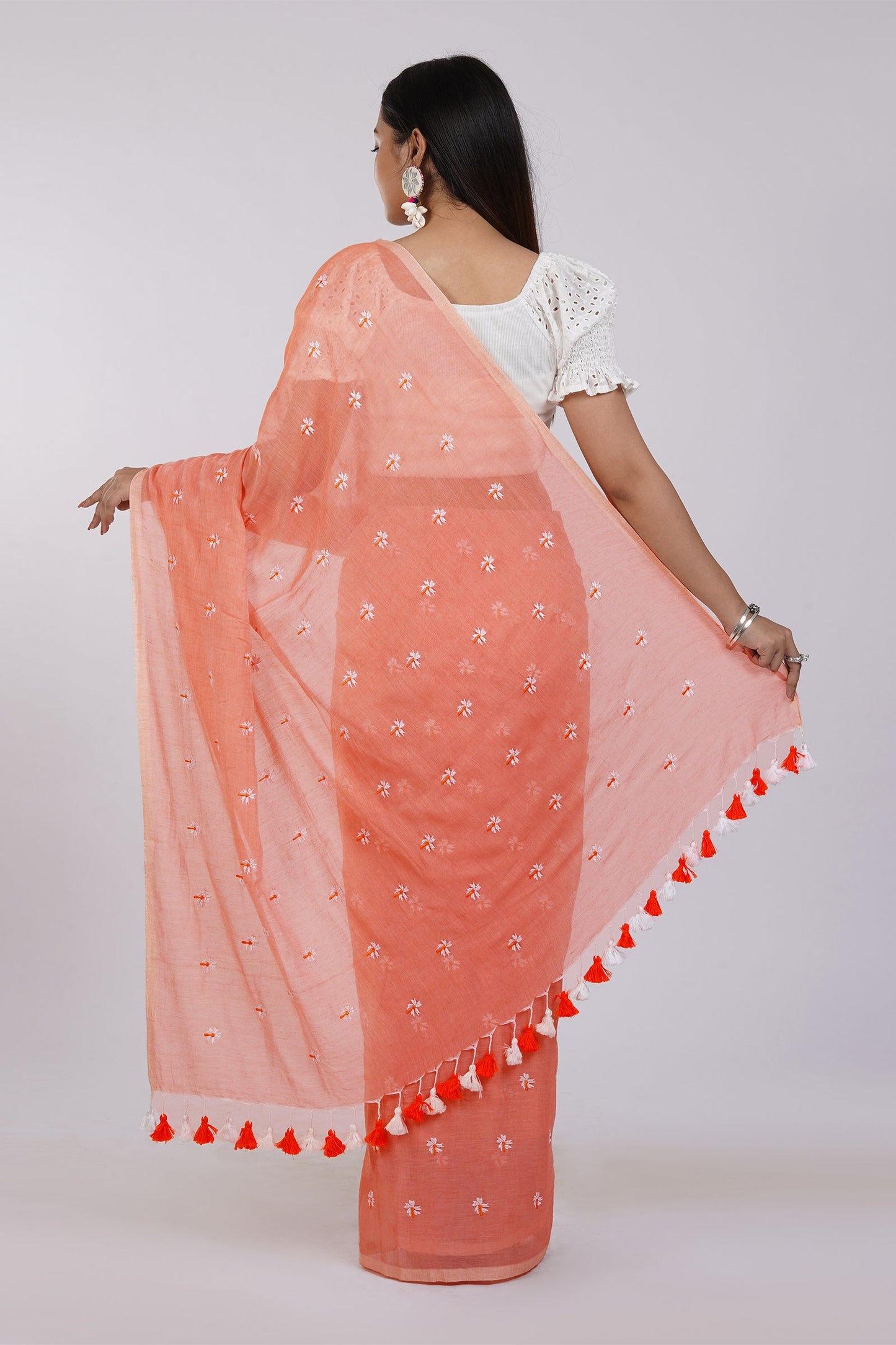 Teejh Reiya Peach Embroidered Mulmul Cotton Saree