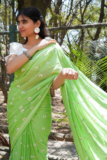Teejh Reiya Light Green Embroidered Mulmul Cotton Saree
