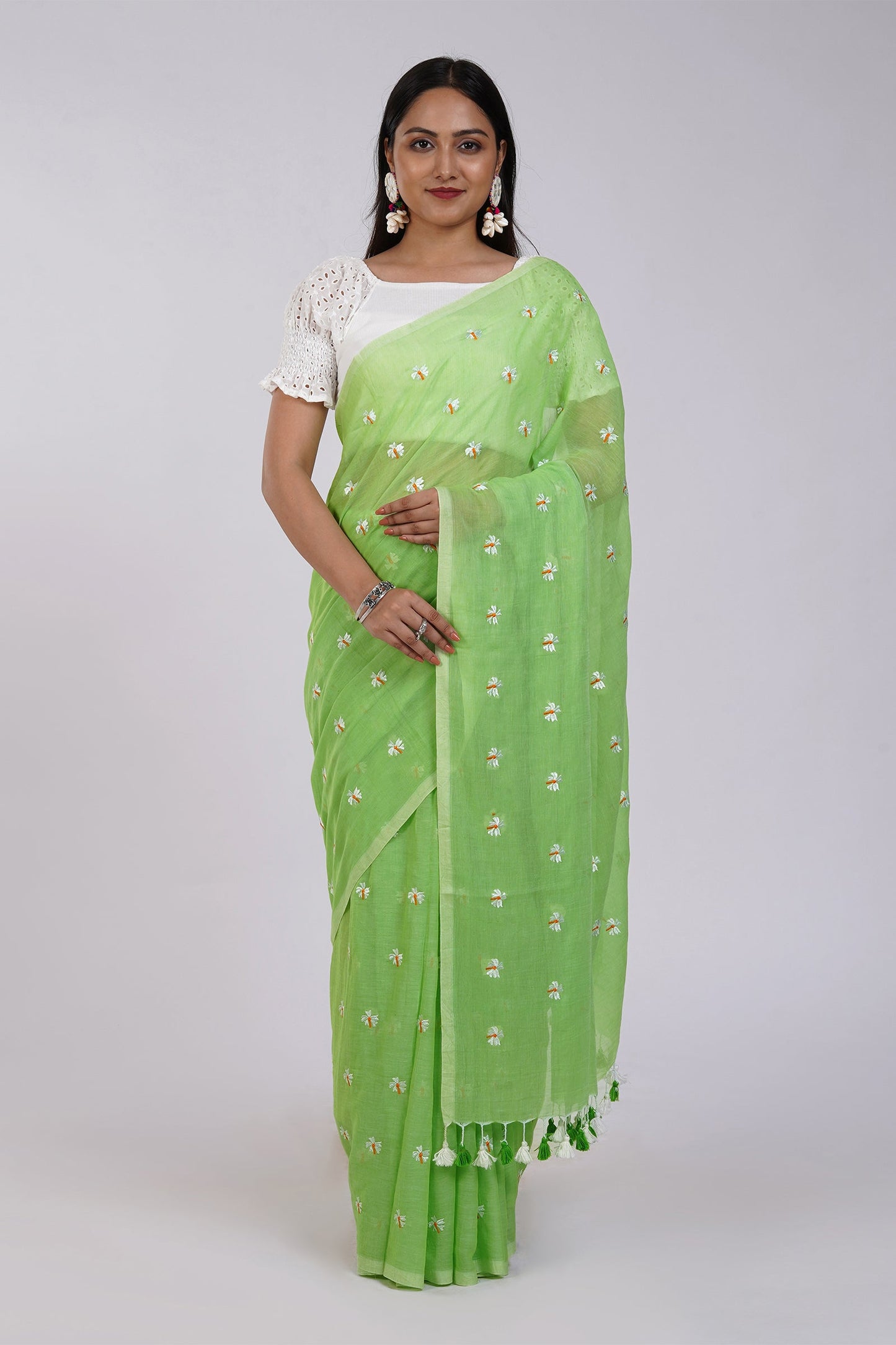 Teejh Reiya Light Green Embroidered Mulmul Cotton Saree