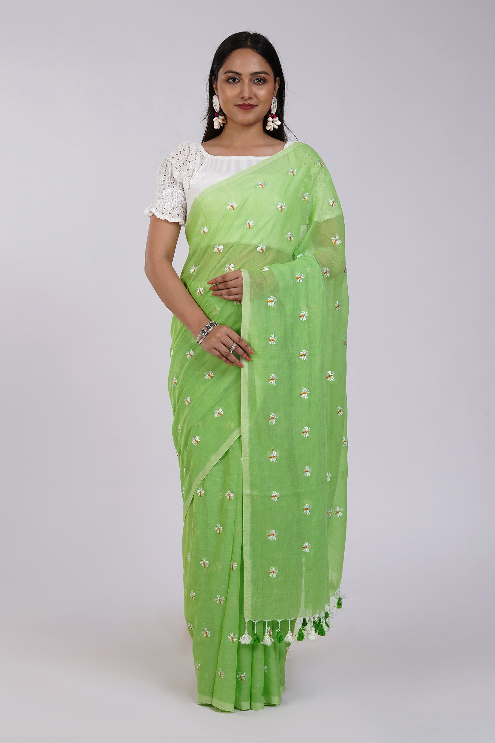 Teejh Reiya Light Green Embroidered Mulmul Cotton Saree