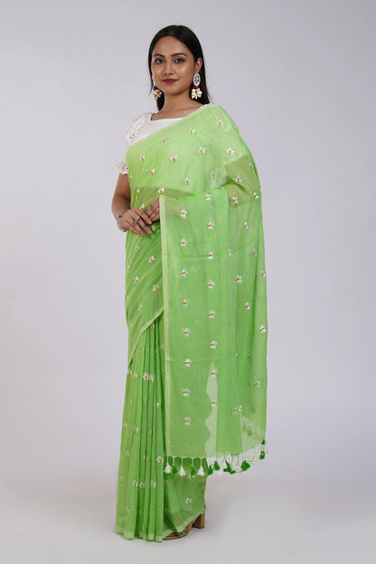 Teejh Reiya Light Green Embroidered Mulmul Cotton Saree