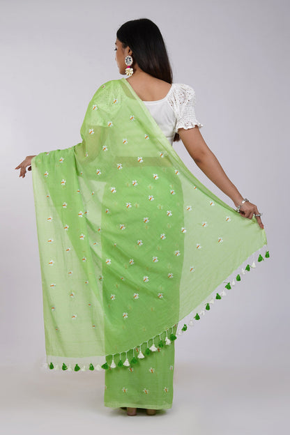 Teejh Reiya Light Green Embroidered Mulmul Cotton Saree
