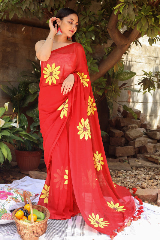 Teejh Kusuma Red Mul Cotton Printed Saree