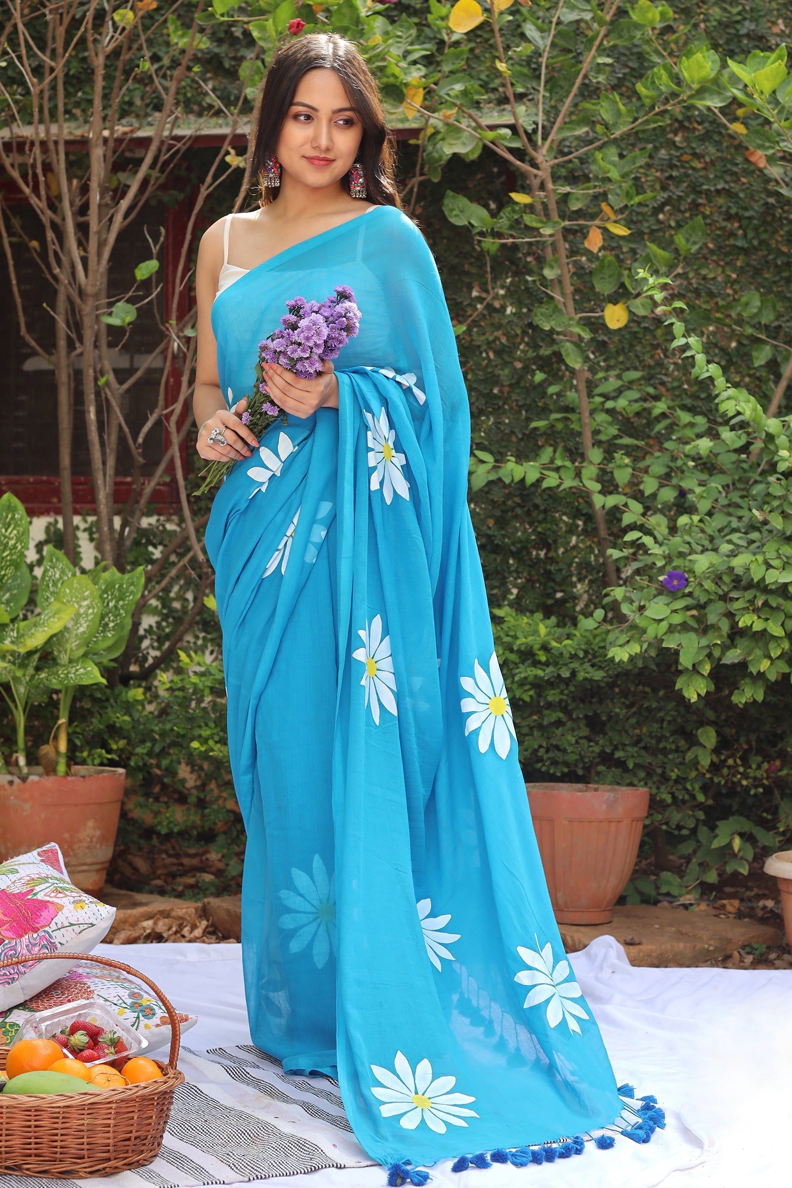 Teejh Kusuma Blue Mul Cotton Printed Saree