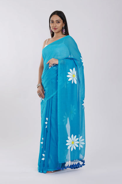 Teejh Kusuma Blue Mul Cotton Printed Saree