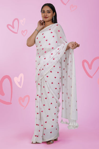 Teejh Chahna White and Pink Mul Cotton Heart Embroidery Saree
