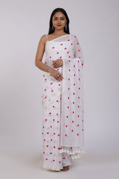 Teejh Chahna White and Pink Mul Cotton Heart Embroidery Saree