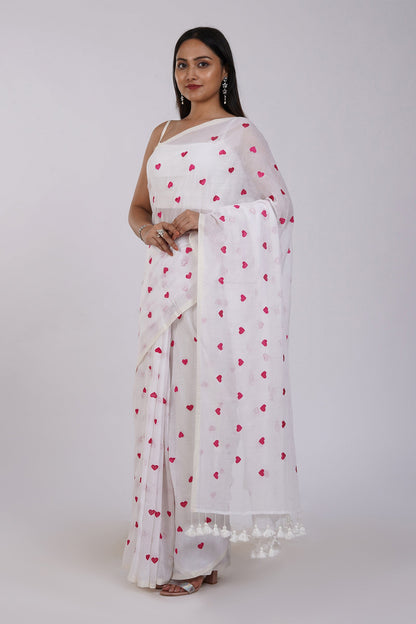 Teejh Chahna White and Pink Mul Cotton Heart Embroidery Saree