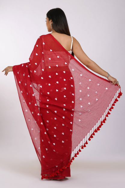 Teejh Chahna Red and White Mul Cotton Heart Embroidery Saree