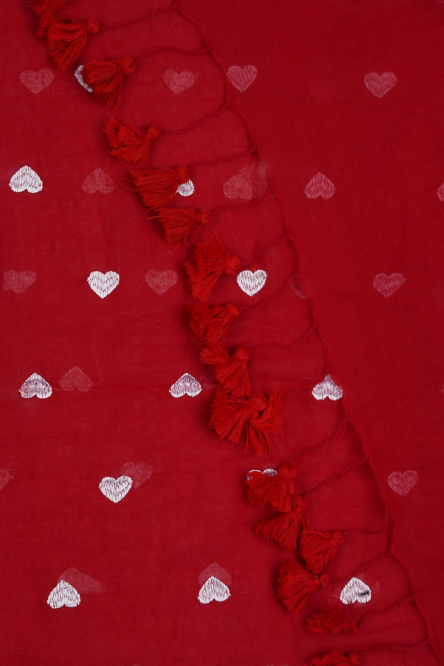 Teejh Chahna Red and White Mul Cotton Heart Embroidery Saree