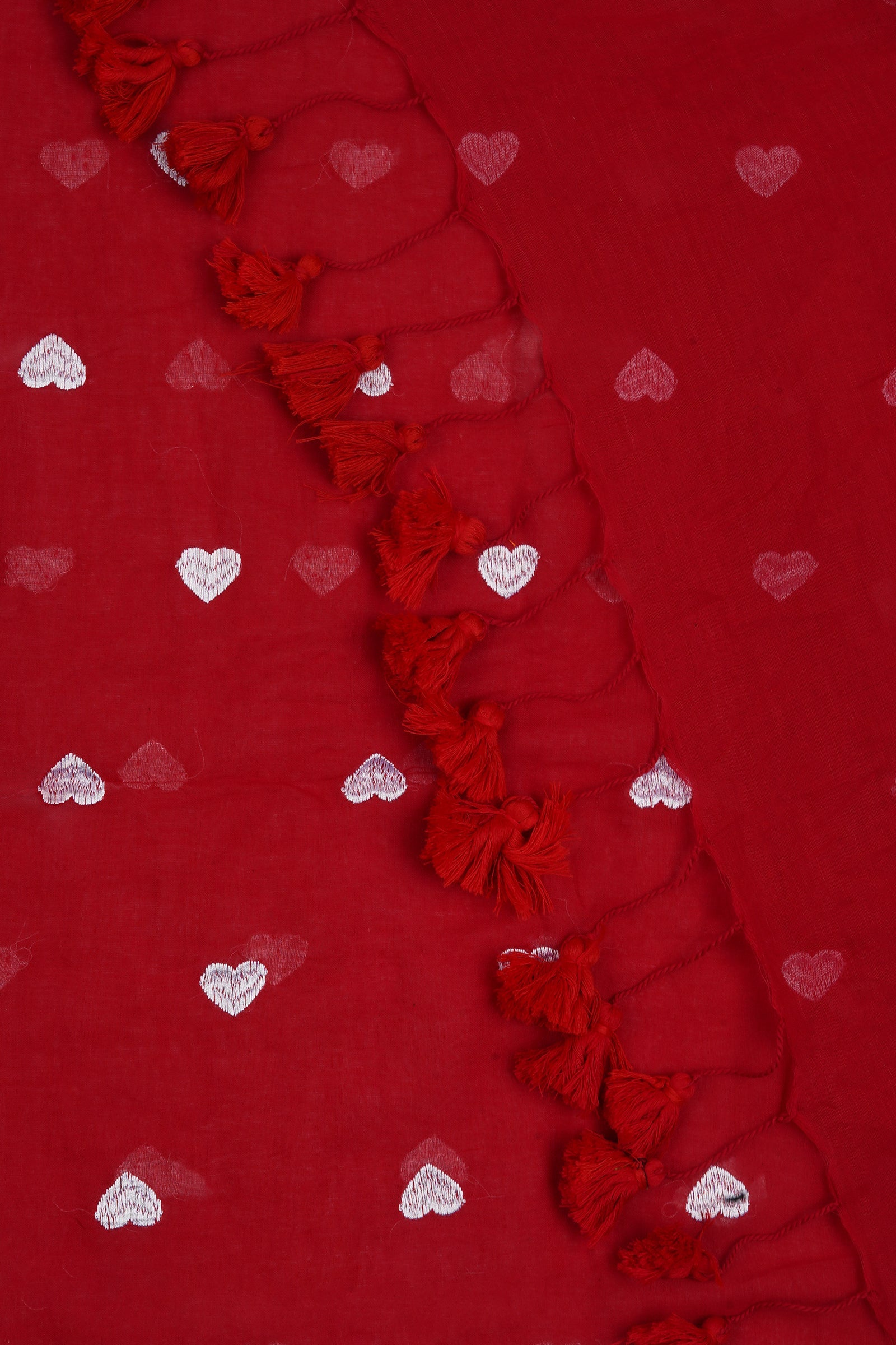 Teejh Chahna Red and White Mul Cotton Heart Embroidery Saree