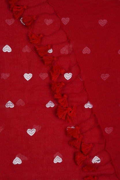 Teejh Chahna Red and White Mul Cotton Heart Embroidery Saree