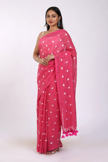 Teejh Chahna Pink and White Mul Cotton Heart Embroidery Saree