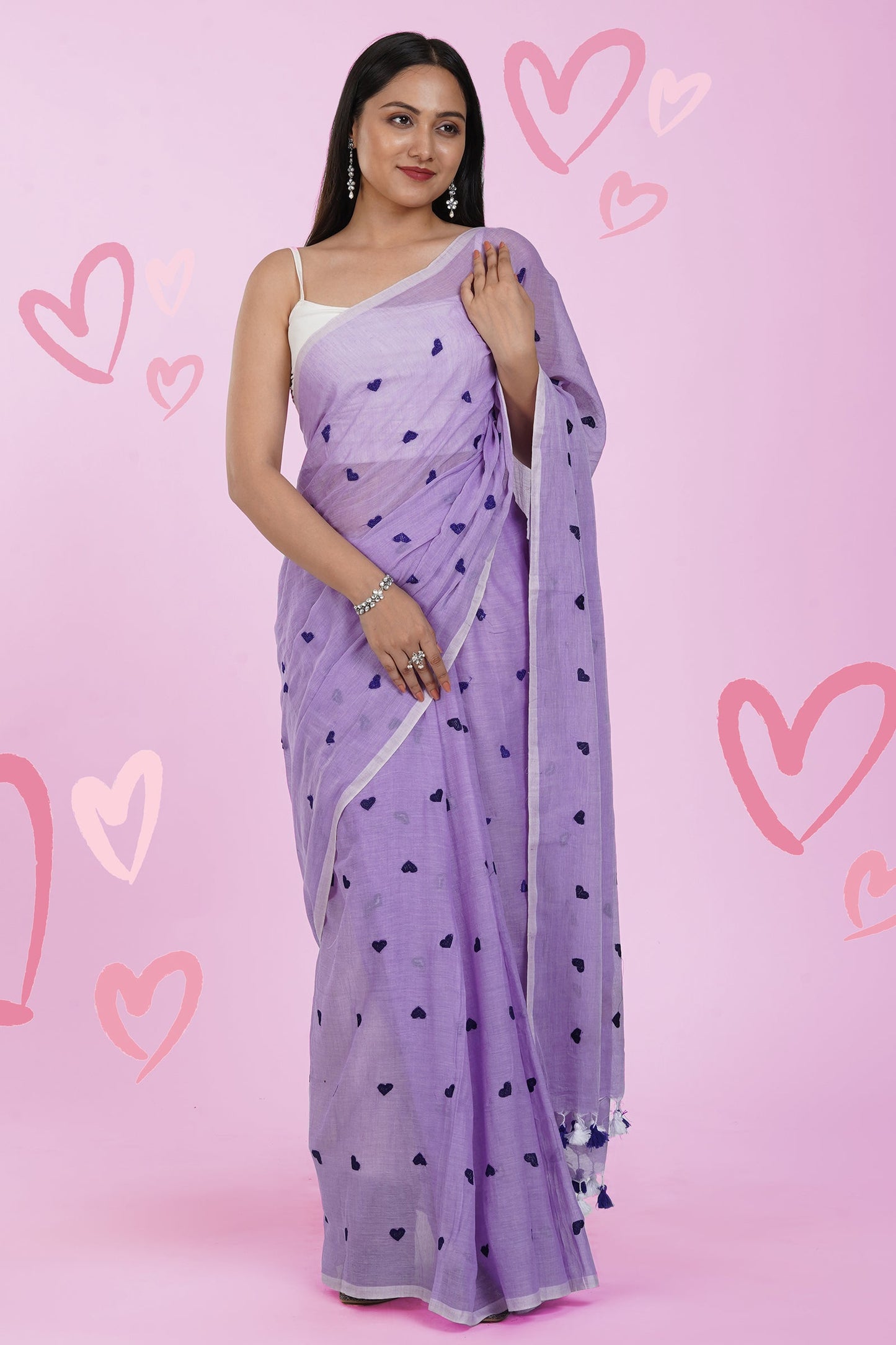 Teejh Chahna Purple Mul Cotton Heart Embroidery Saree