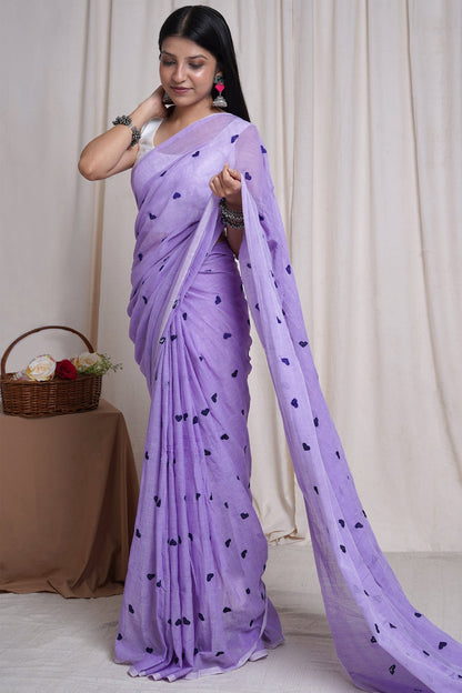 Teejh Chahna Purple Mul Cotton Heart Embroidery Saree