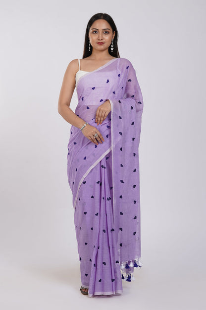 Teejh Chahna Purple Mul Cotton Heart Embroidery Saree