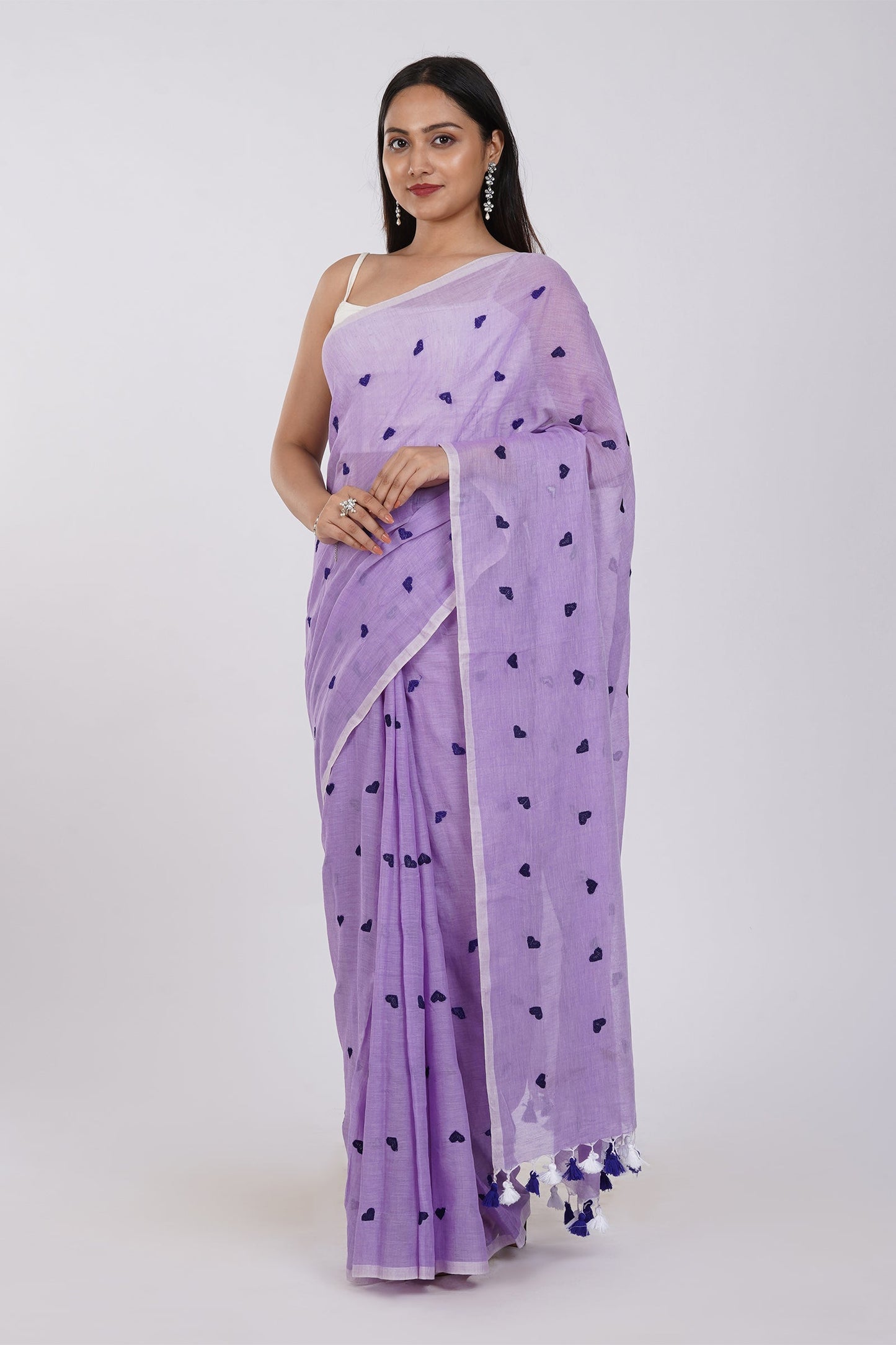 Teejh Chahna Purple Mul Cotton Heart Embroidery Saree