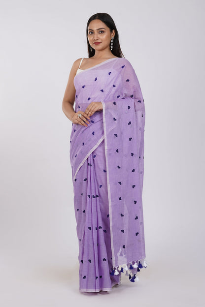 Teejh Chahna Purple Mul Cotton Heart Embroidery Saree