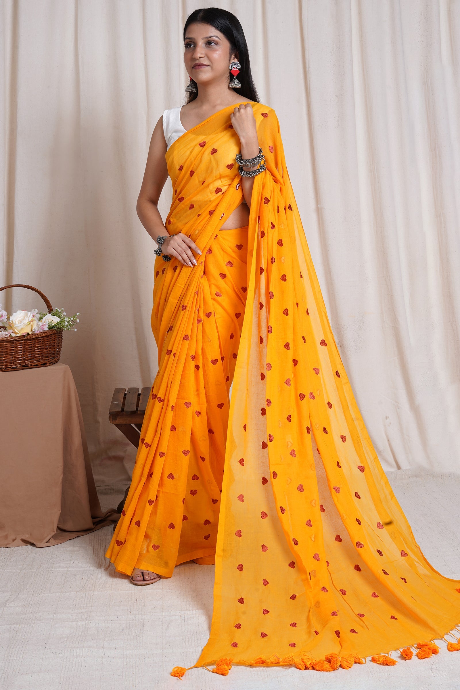 Teejh Chahna Yellow and Brown Mul Cotton Heart Embroidery Saree