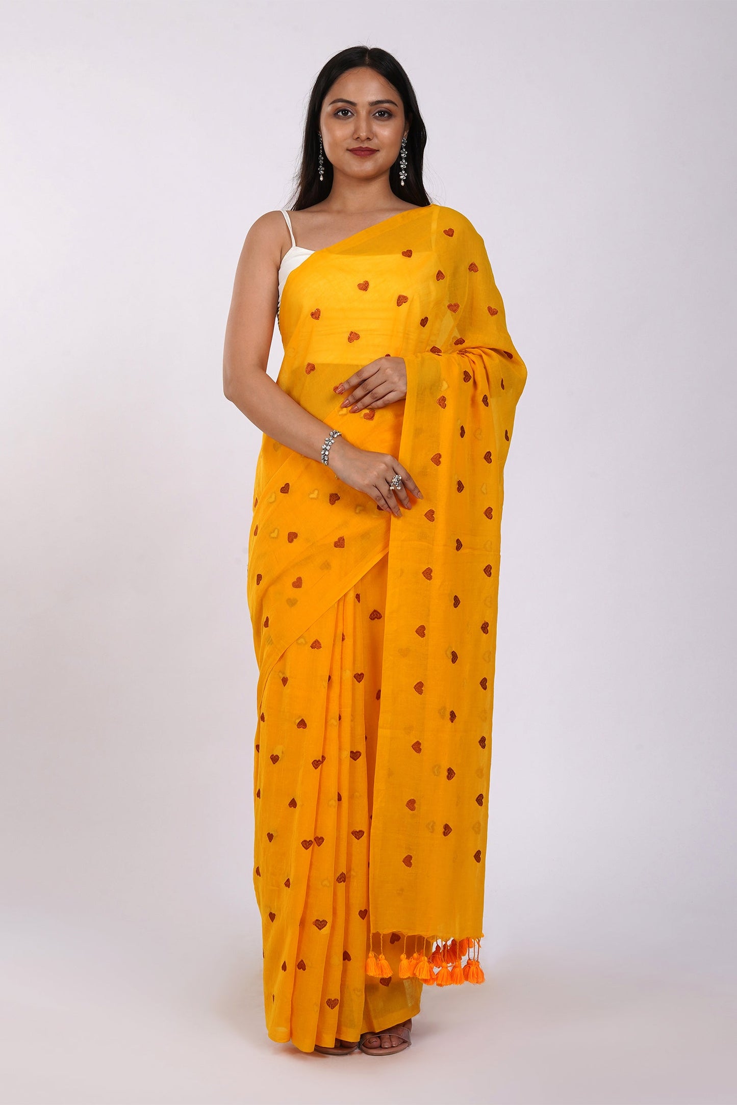 Teejh Chahna Yellow and Brown Mul Cotton Heart Embroidery Saree