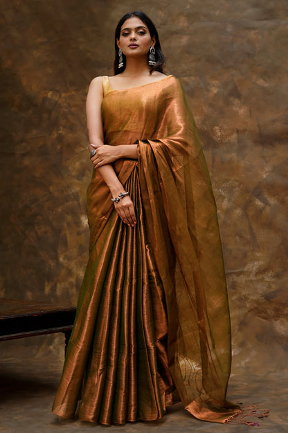 Teejh Trishika Rust Green Tissue Saree