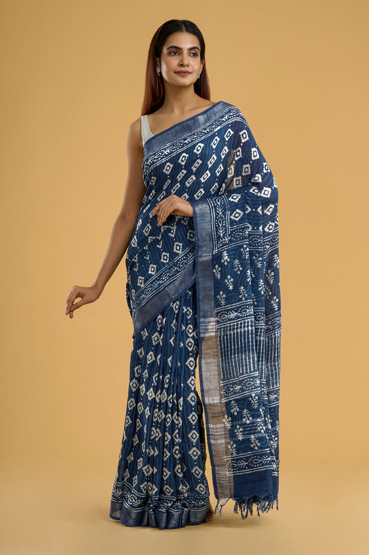 Teejh Velvet Navy Linen Saree