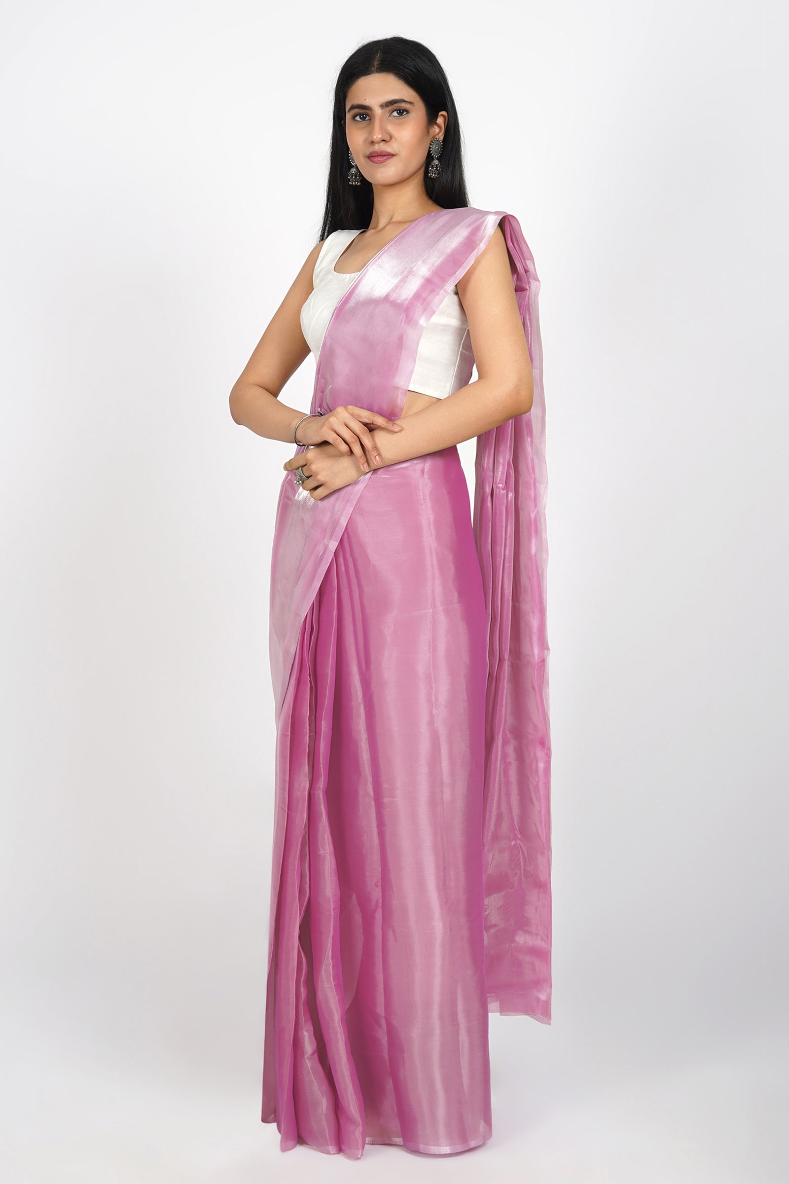 Teejh Barbie Pink Tissue Pre-Draped Saree