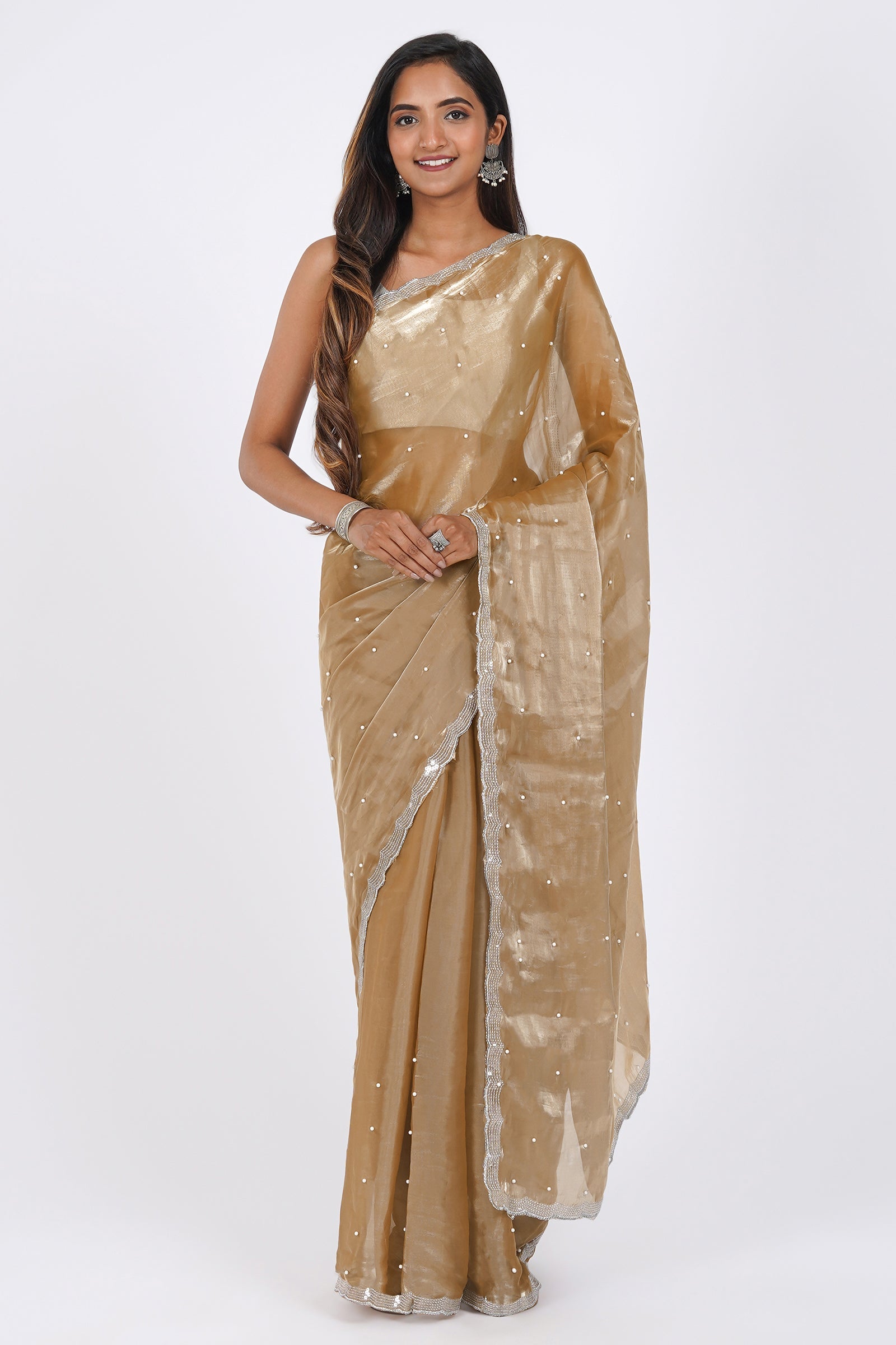 Teejh Golden Age Pearl Tissue Saree