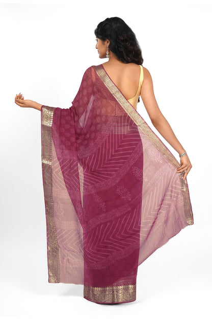 Crimson Cascade Block Print Chiffon Saree