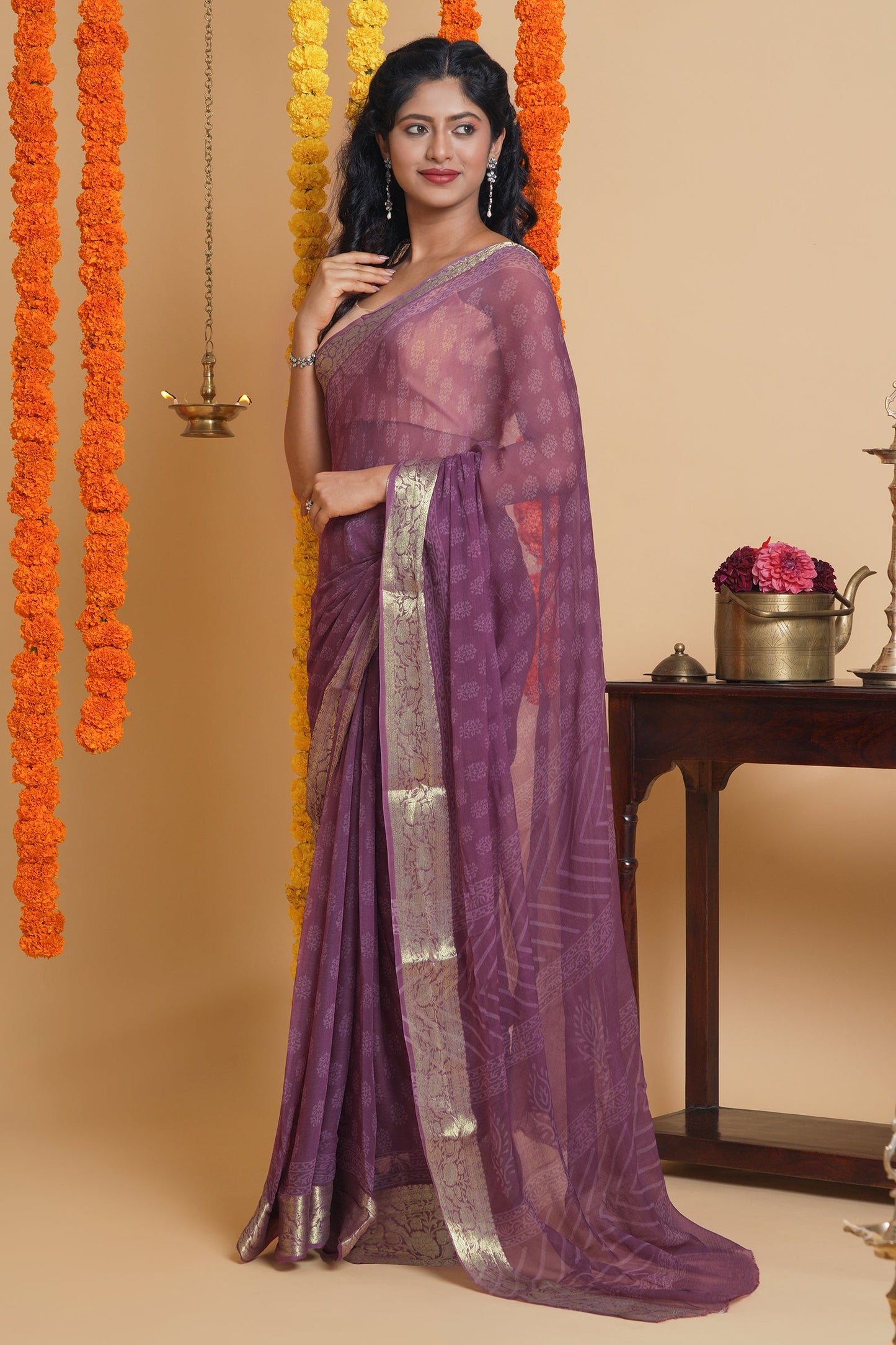 Mystic Mauve Block Print Chiffon Saree