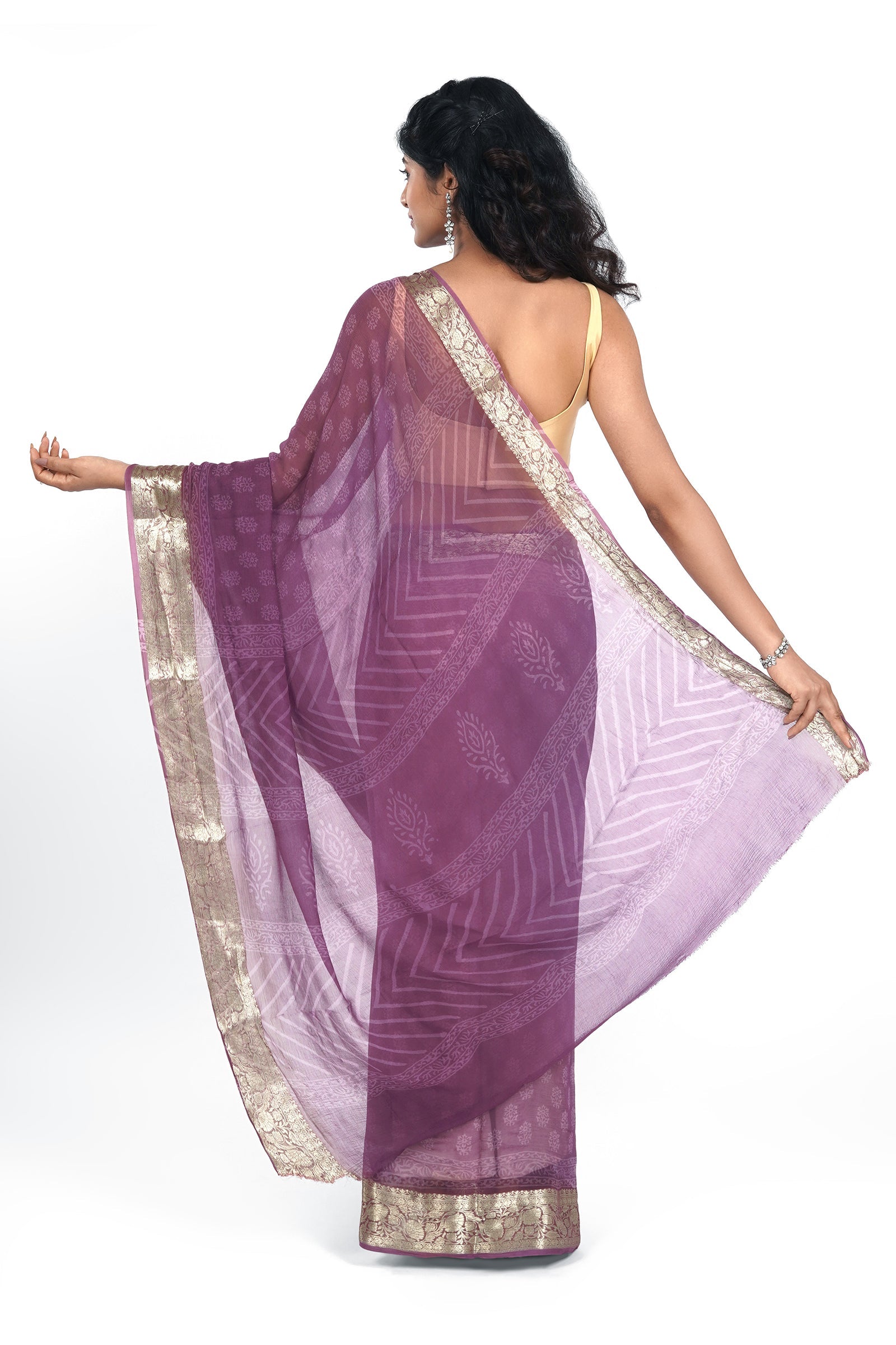 Mystic Mauve Block Print Chiffon Saree