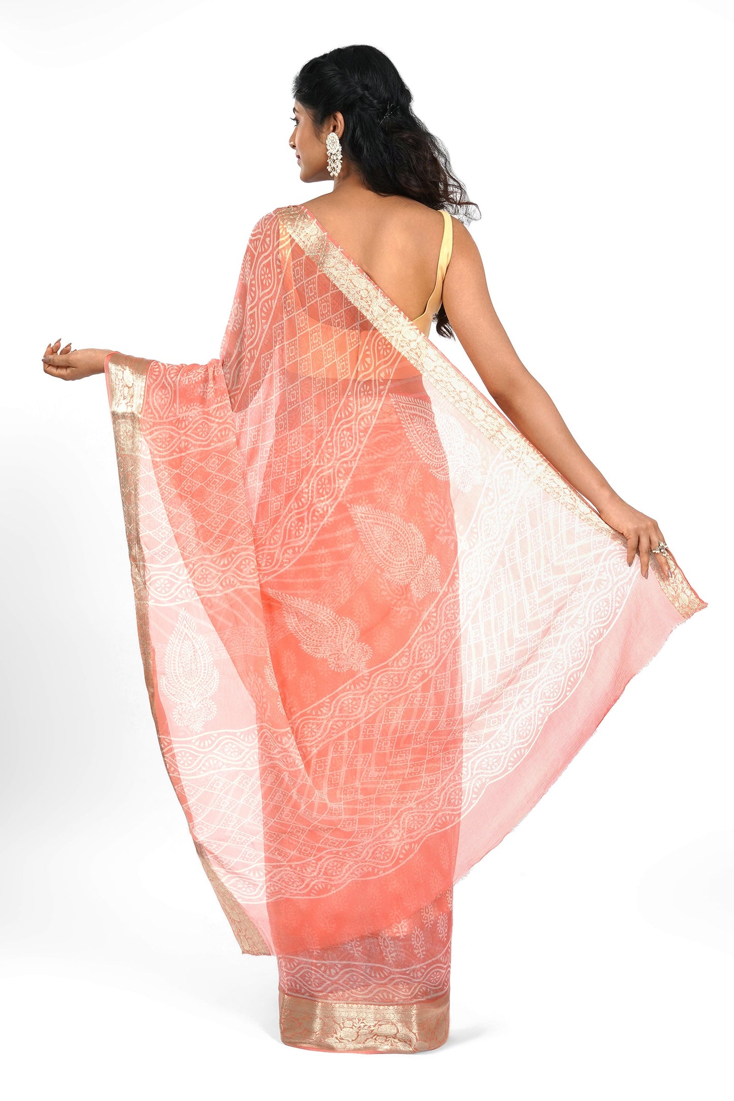 Peach Blossom Block Print Chiffon Saree