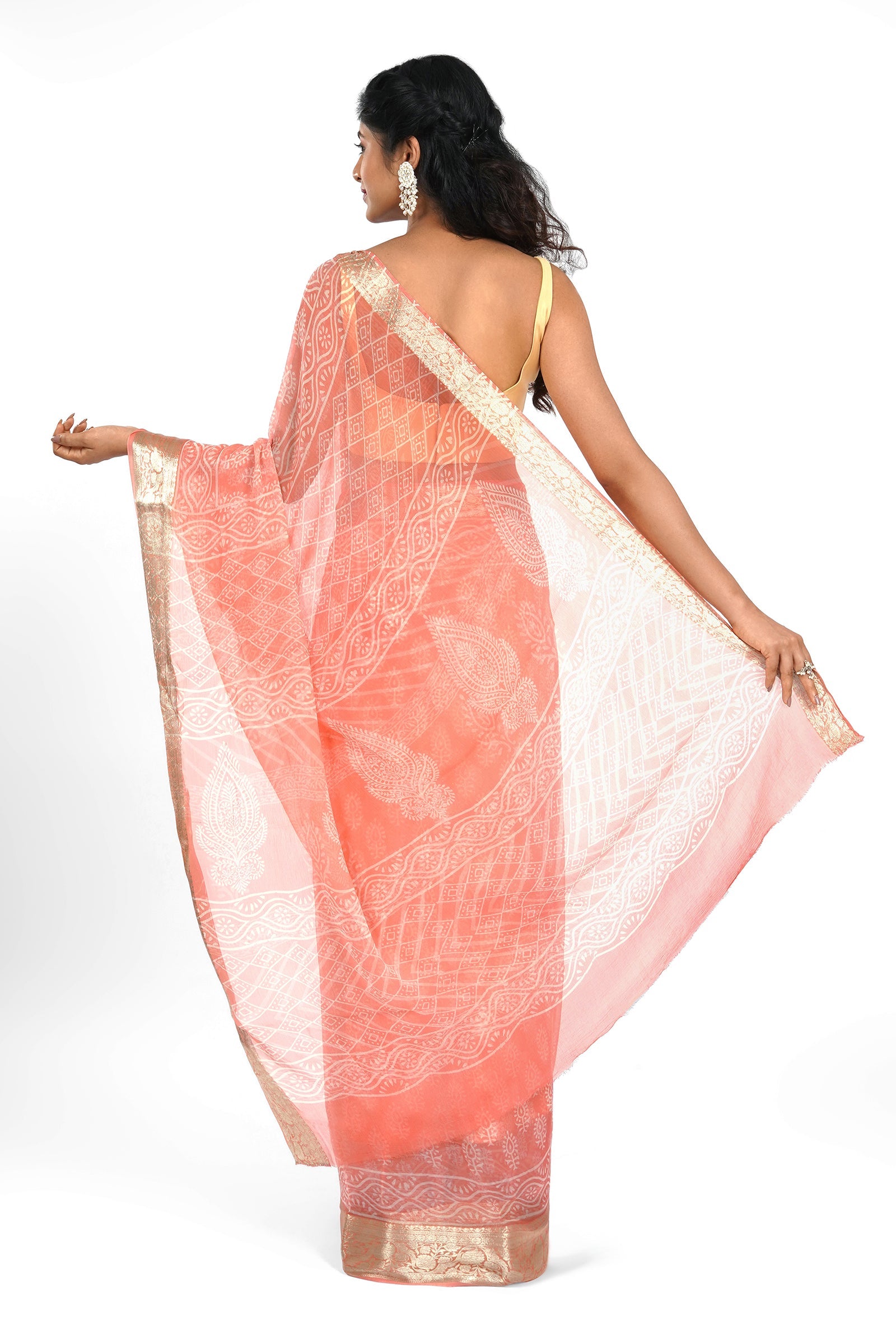 Peach Blossom Block Print Chiffon Saree