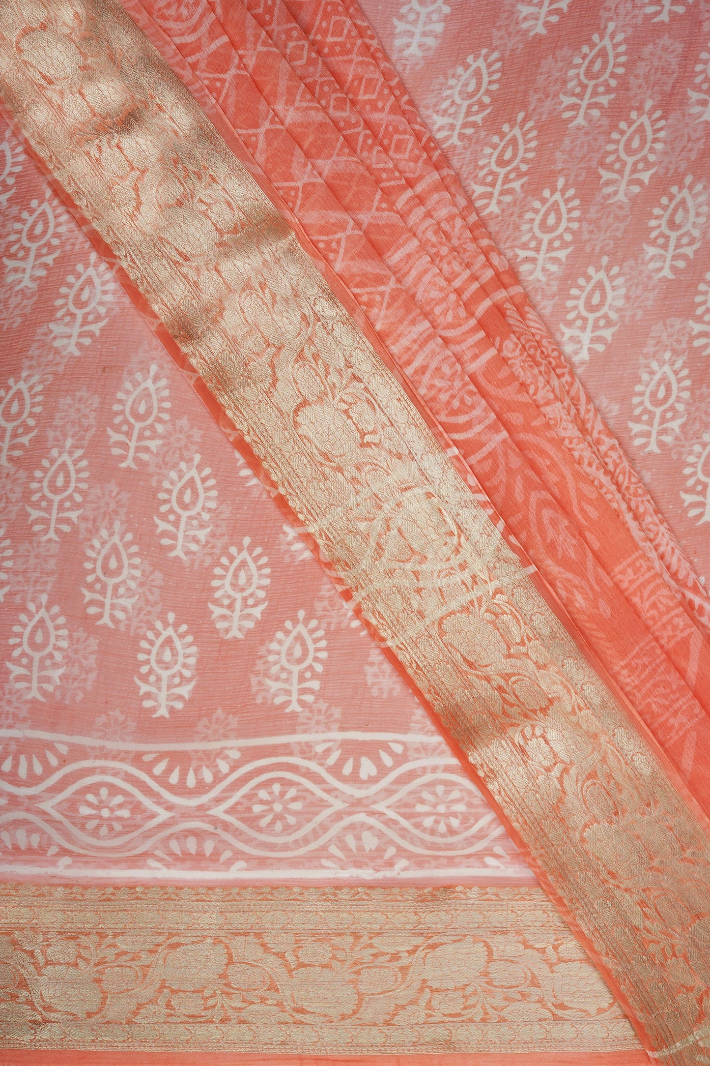 Peach Blossom Block Print Chiffon Saree