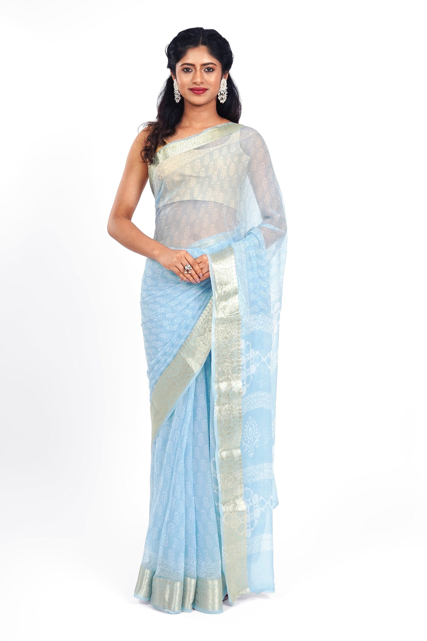 Azure Sky Blue Block Print Chiffon Saree