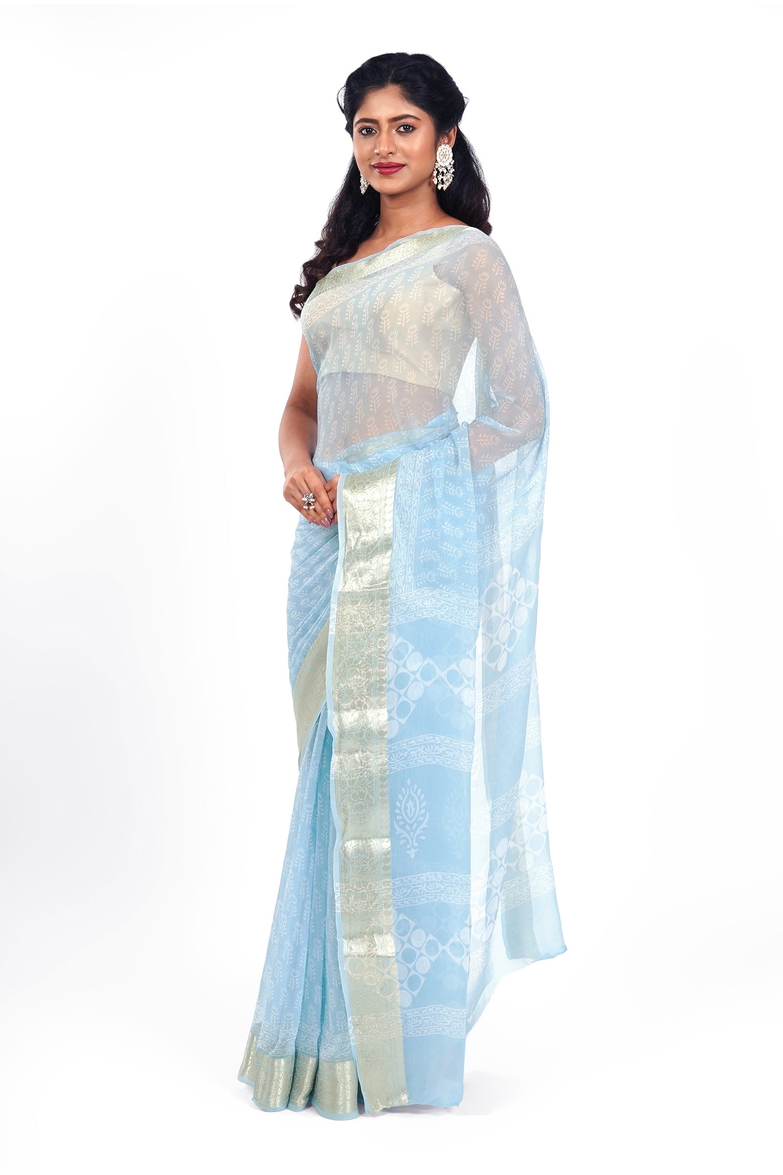 Azure Sky Blue Block Print Chiffon Saree